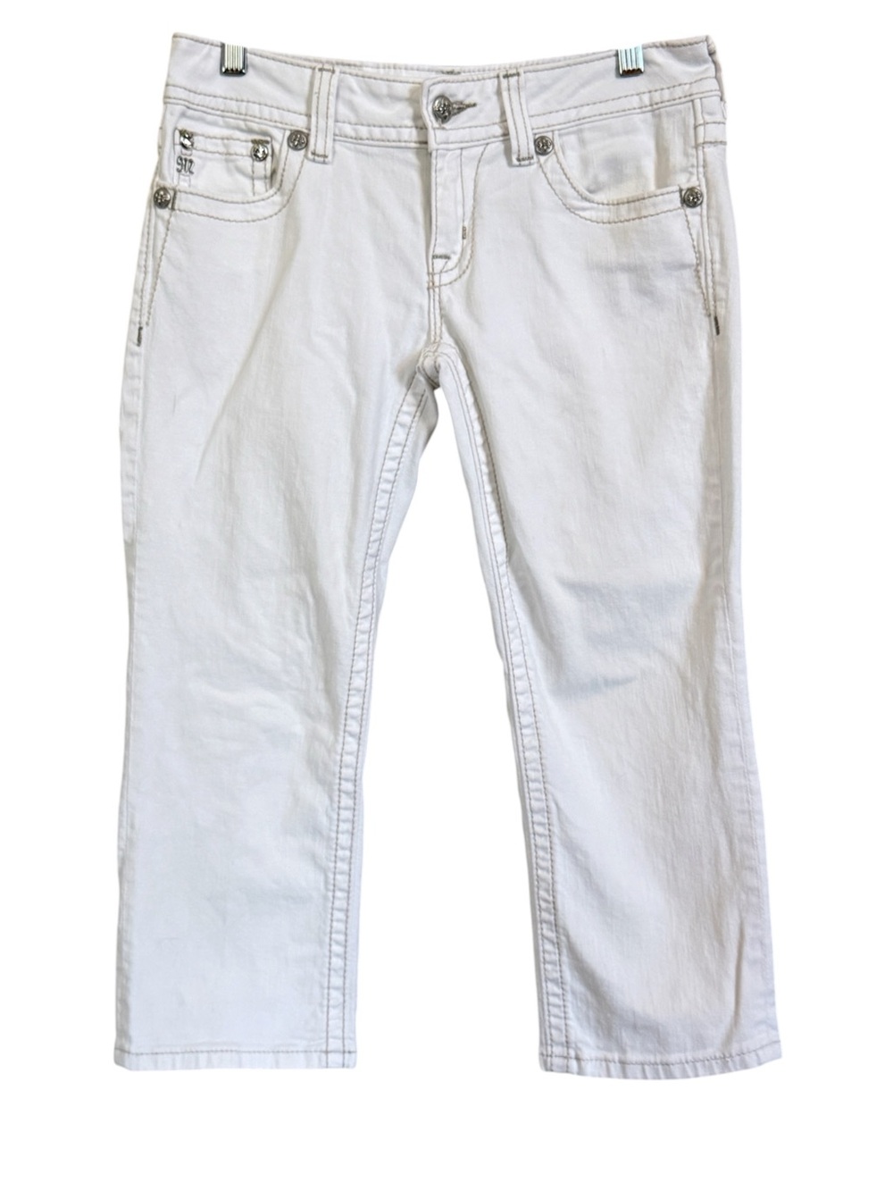 Miss Me Jeans White Cuffed Capri Cropped Jeans Embellished Pockets Women’s Sz 28